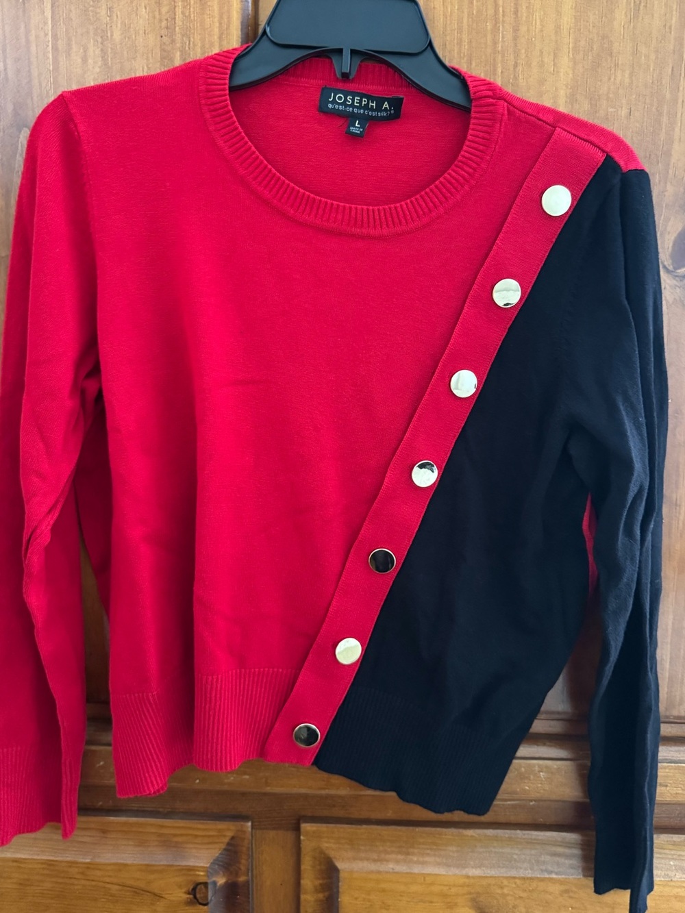 Joseph Red and Black Crewneck Sweater with Gold Buttons